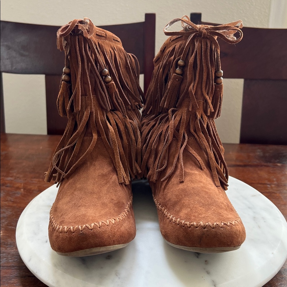 MOSSIMO Ankle Boots Double Fringe Suede Leather Chestnut Brown Women's Size 10